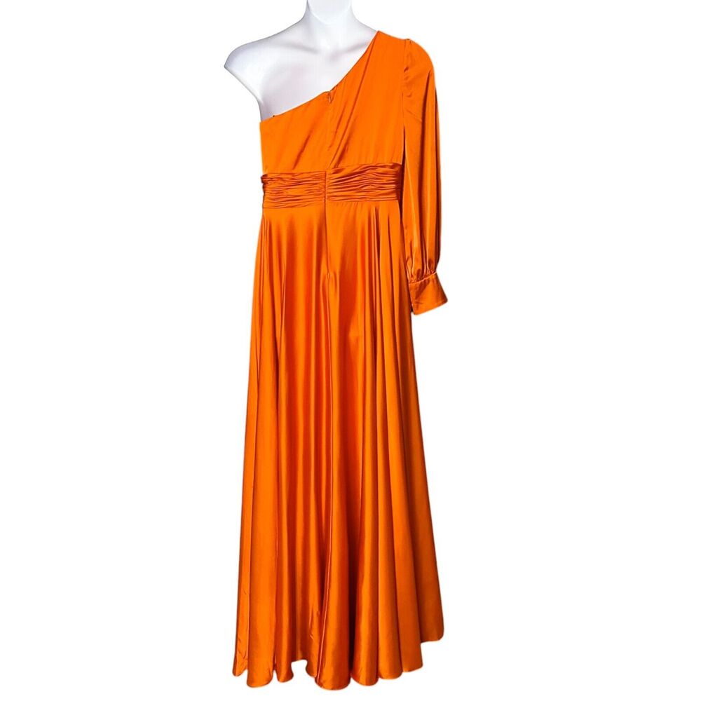 NEW Mac Duggal Ieena One Shoulder Bishop Sleeve Gown Spice Orange Pockets Sz 12 - Picture 10 of 14